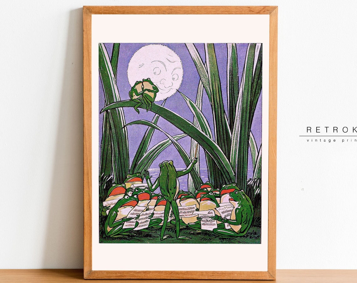 Vintage Frog Choir Singing Under Moonlight Storybook Nursery Poster