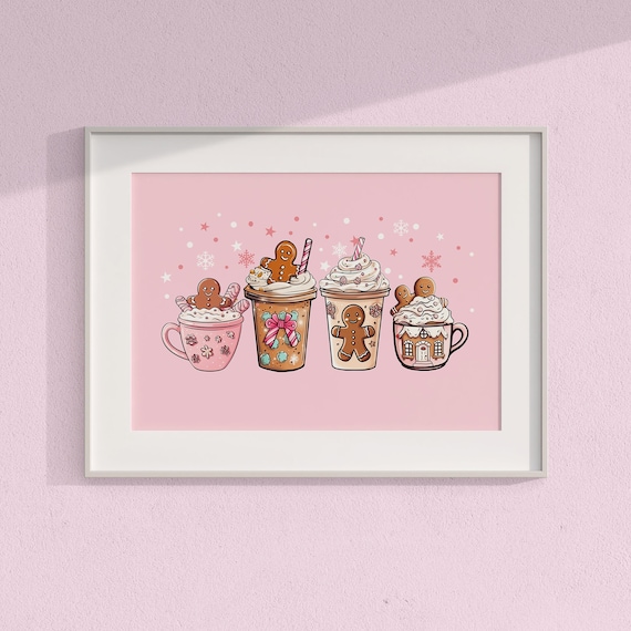 Pink Christmas Hot Cocoa Cups with Gingerbread Men Holiday Art Poster