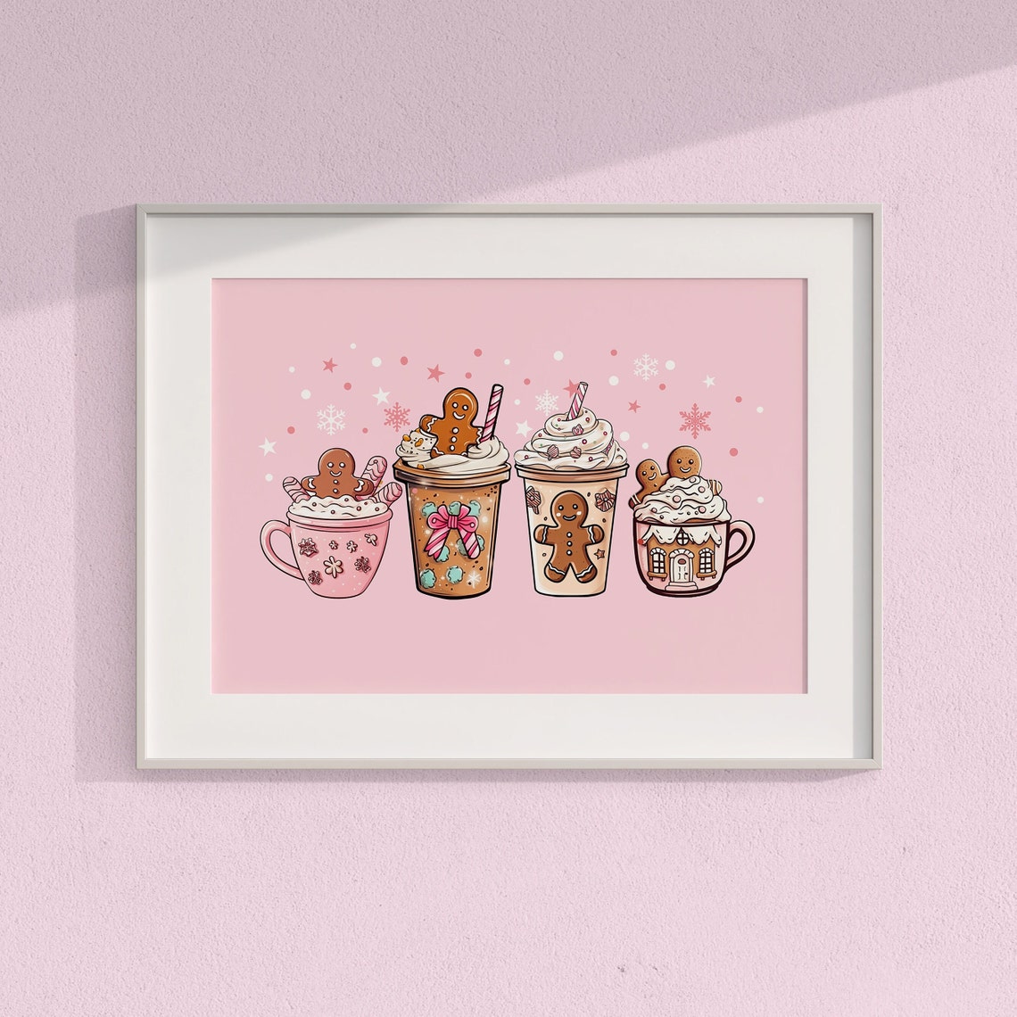 Pink Christmas Hot Cocoa Cups with Gingerbread Men Holiday Art Poster