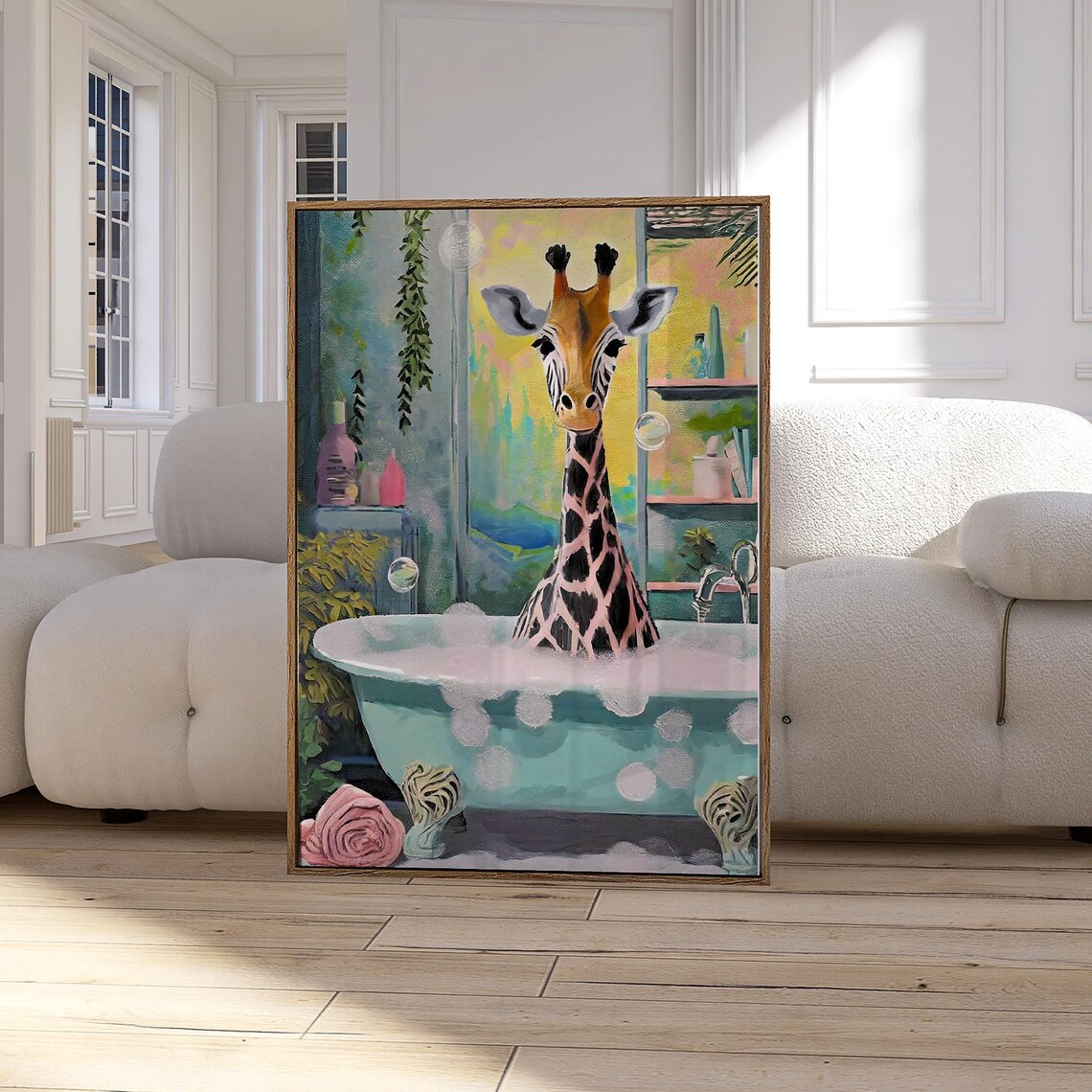 Giraffe In Bath Retro Bathroom Art Print