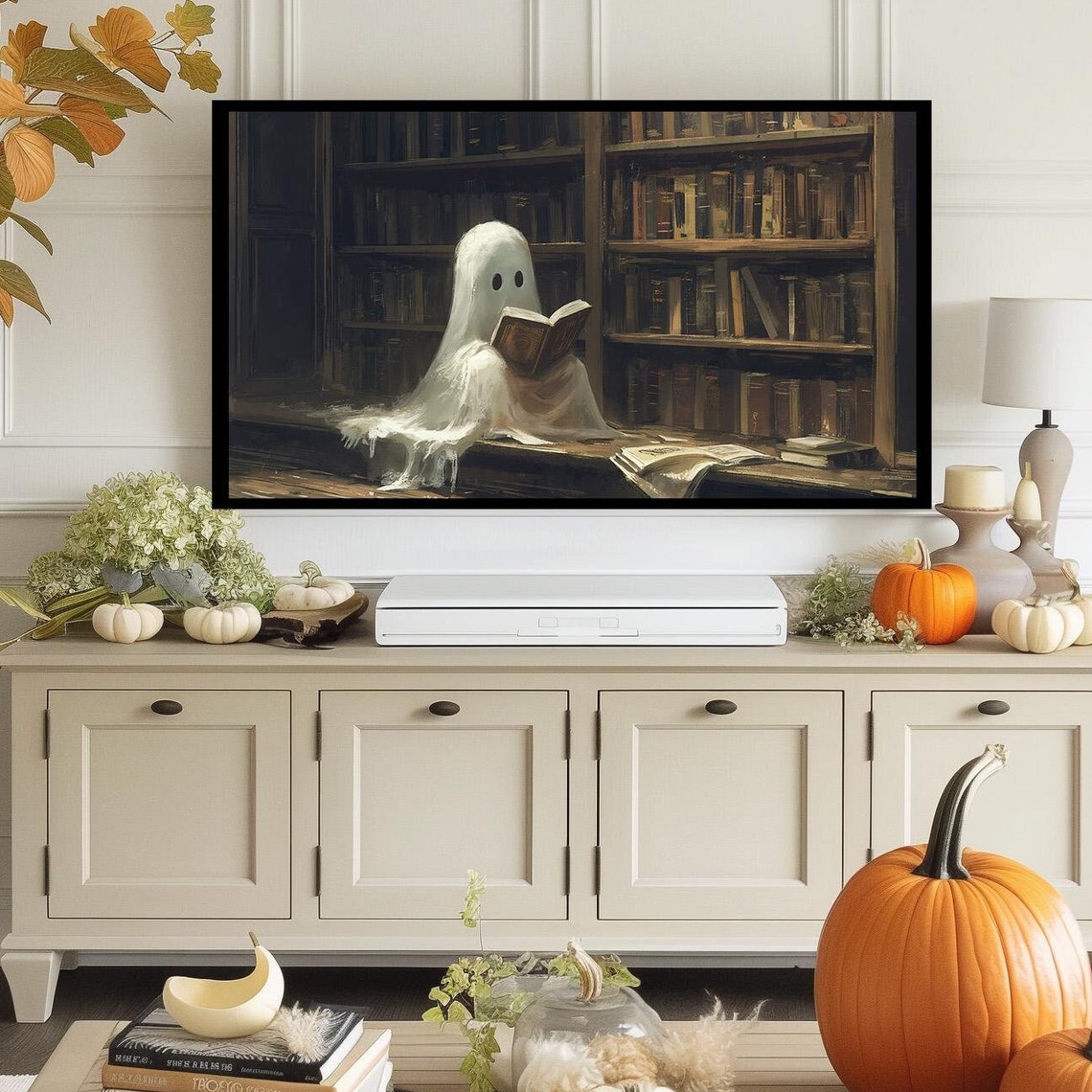 Cute Ghost Reading Book In Library Cozy Halloween Haunted Art Poster