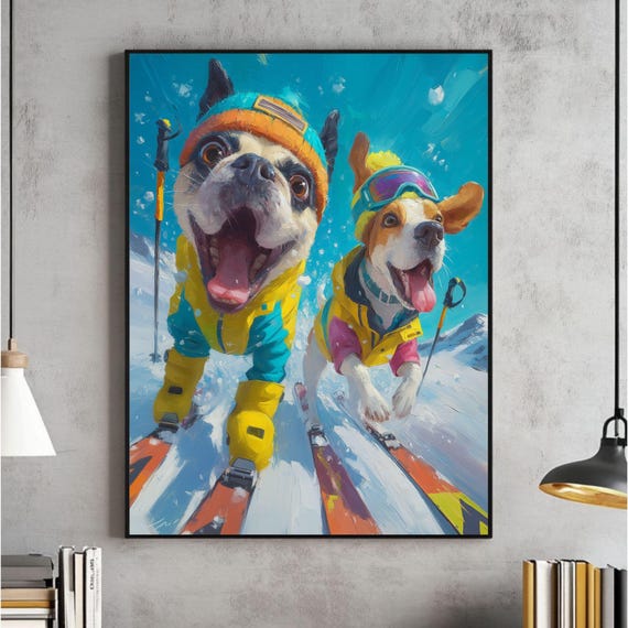 Funny Dog Skiing Oil Painting Wall Art Animal Poster Dogs In Snow Print Winter Decor