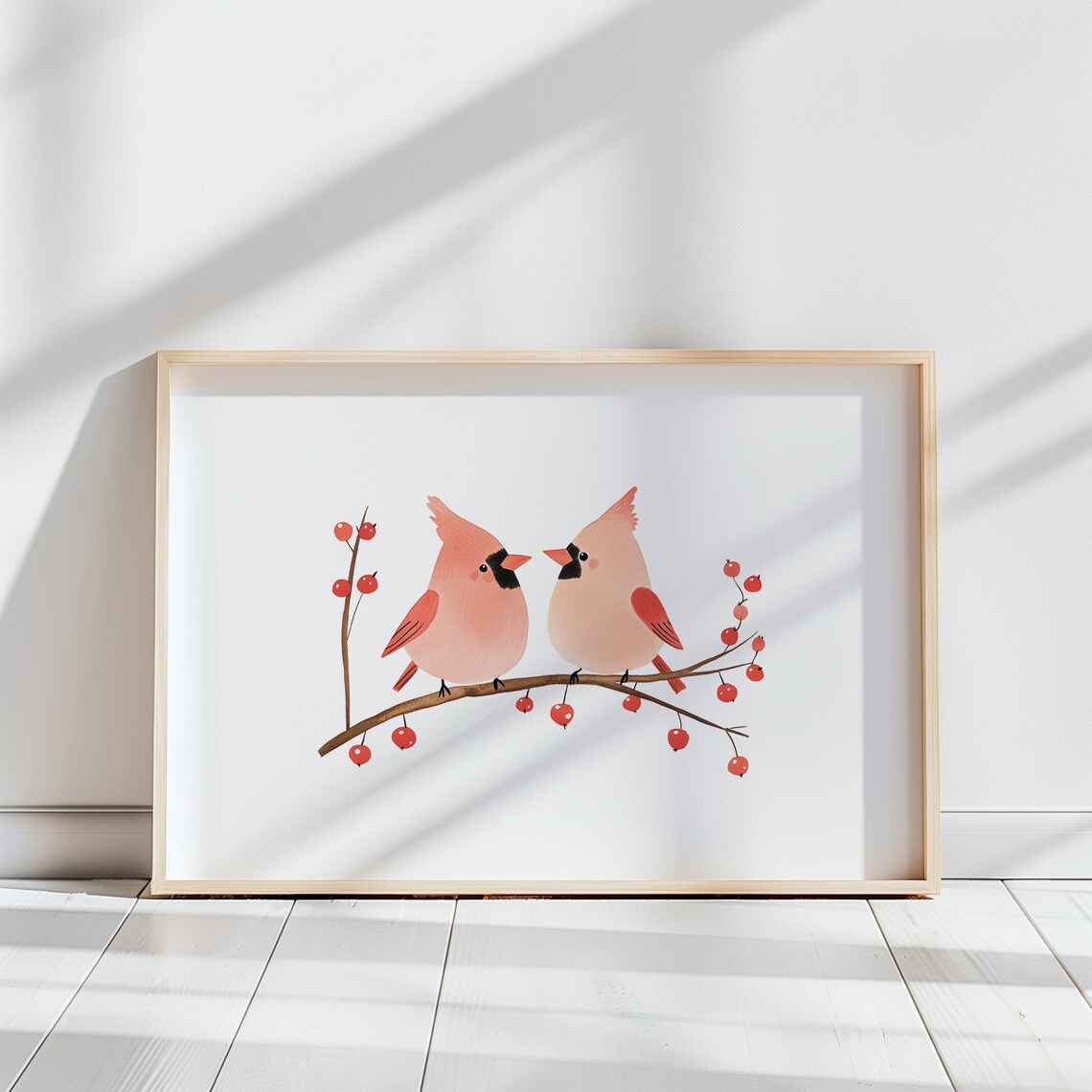 Two Cardinals Berry Branch Winter Birds Watercolor Nursery Poster - Image 2