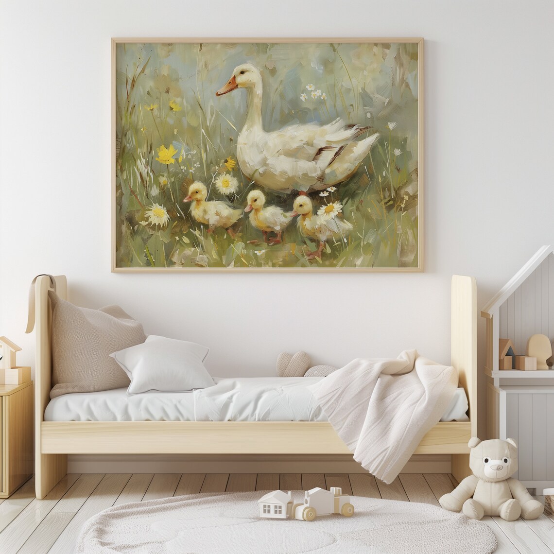 Mother Duck and Ducklings Wildflower Meadow Vintage Oil Painting Poster - Image 4