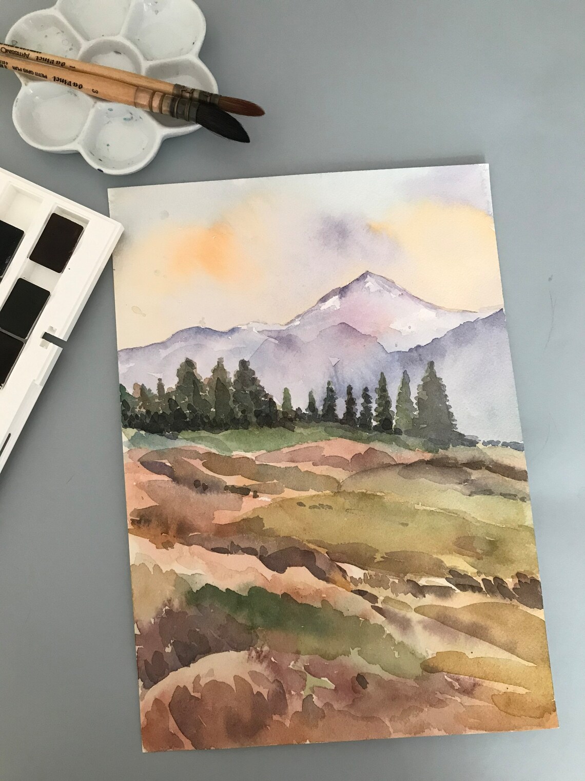 Snow Capped Mountain at Sunrise Watercolor Pine Forest Poster - Image 3