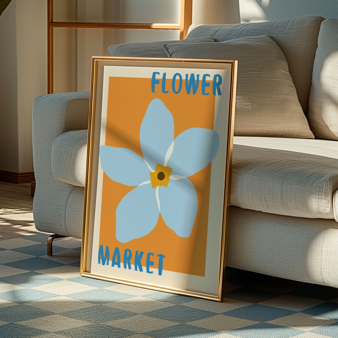 Blue Flower with Golden Center on Orange Vintage Market Poster - Image 3