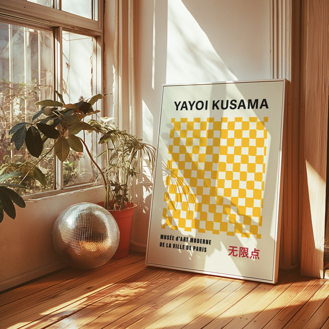 Yayoi Kusama Style Mustard Yellow Checkerboard Sunny Art Poster - Image 3