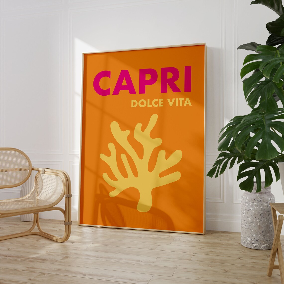 Capri Dolce Vita Orange Coral Graphic Retro Italy Travel Poster