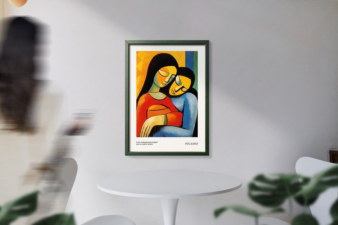 Picasso Style Cubist Embracing Couple Portrait Warm Orange Blue Art Poster - Image 5