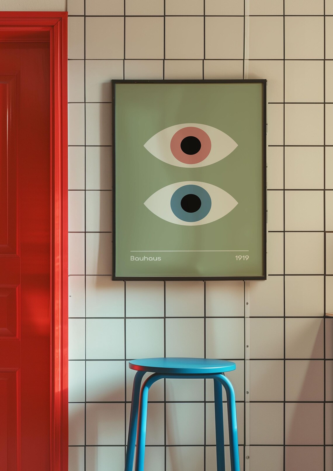 Bauhaus 1919 Double Eye Poster Sage Green with Rose and Blue Iris - Image 3