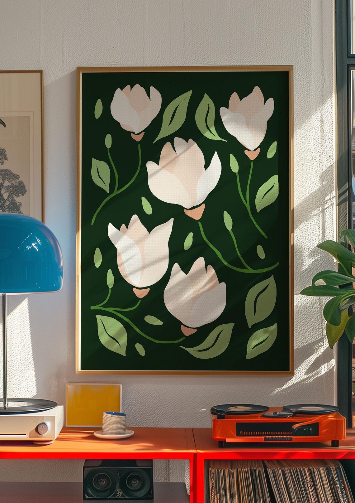 Dramatic White Magnolia Botanical Poster on Dark Green Background - Image 4