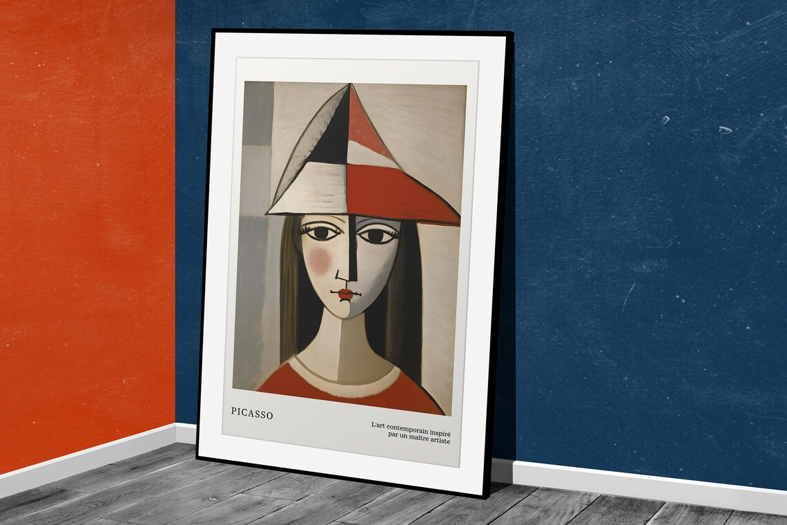 Picasso Style Cubist Woman Red Hat Portrait Neutral Beige Abstract Poster - Image 5