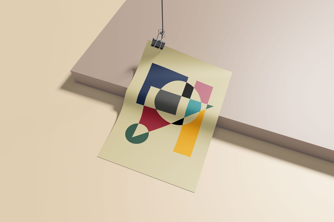 Bauhaus Geometric Abstract Poster Colorful Circles Squares Beige Art - Image 5