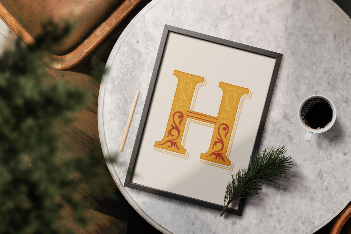Letter H Mustard Yellow Floral Alphabet Typography Farmhouse Kitchen Poster - Image 3