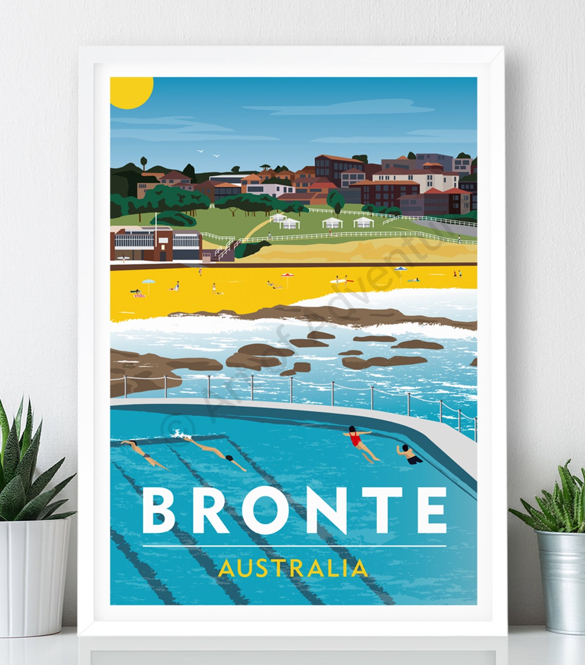 Bronte Beach Ocean Pool Swimmers Sydney Coastal Vintage Travel Poster