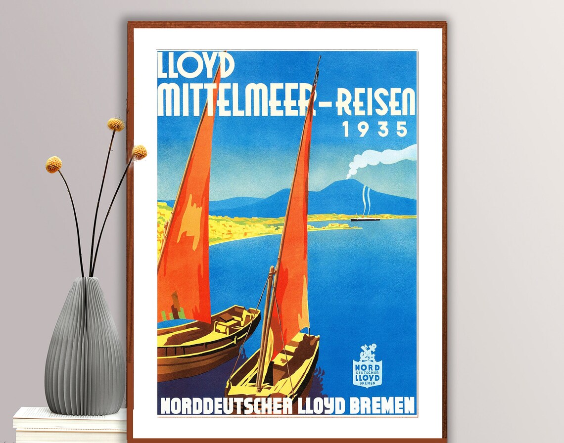 Lloyd Mittelmeer Reisen 1935 Vesuvius Sailboat Travel Poster