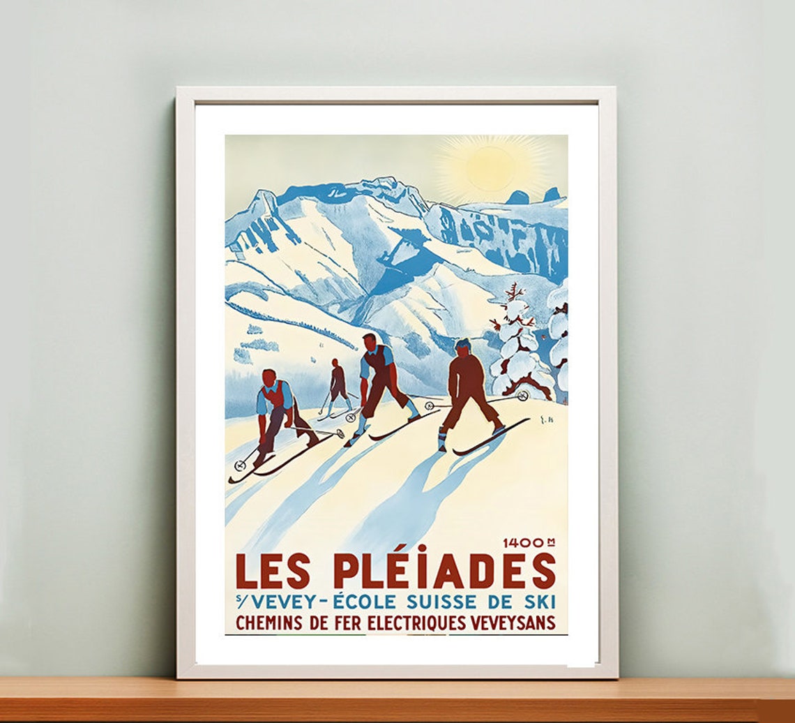 Les Pleiades Vevey Vintage Swiss Ski Poster 1400m Alpine Art - Image 2