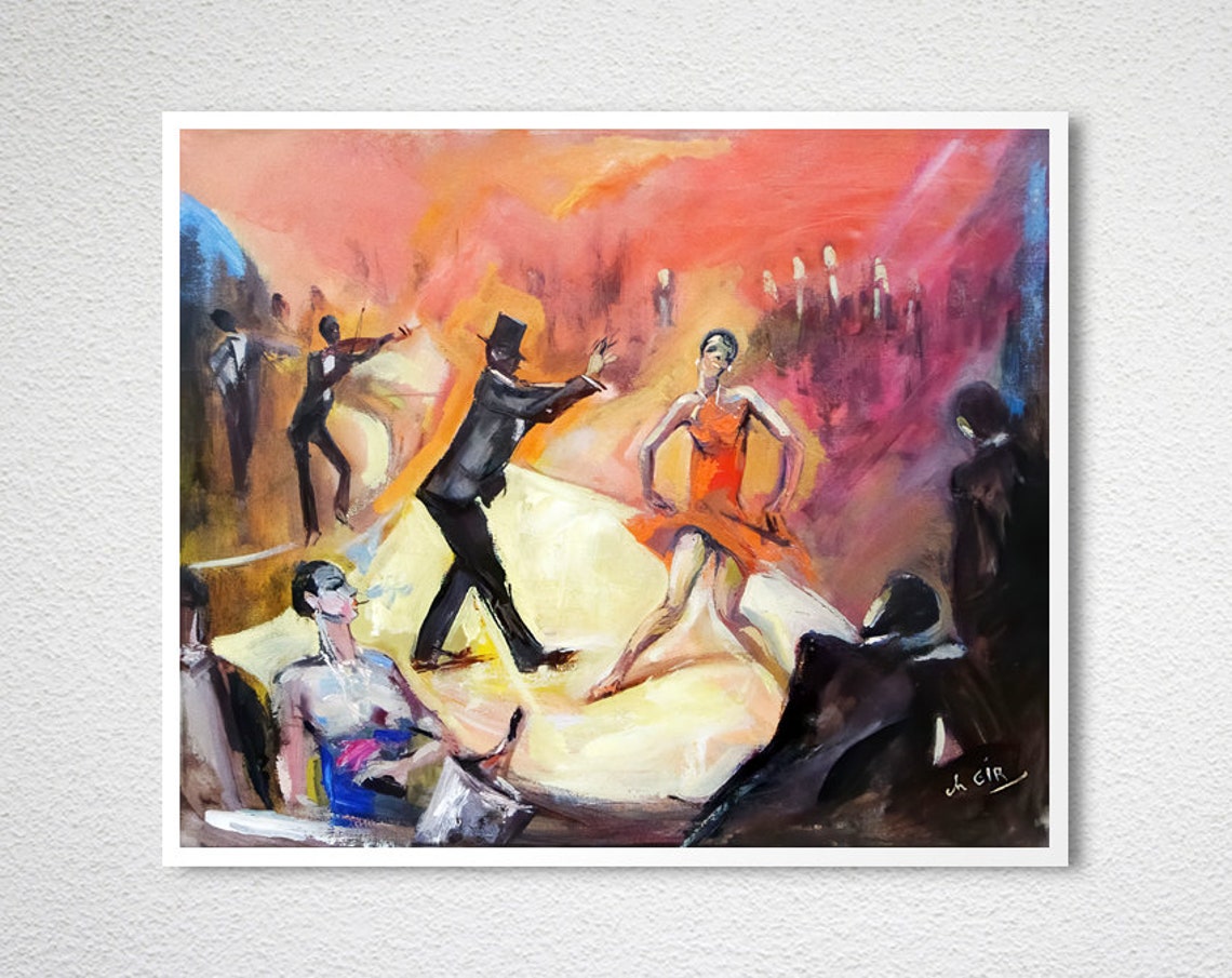 Dancing Couple Expressionist Nightclub Painting in Warm Red Wall Art - Image 2