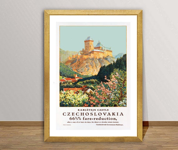 Karlstejn Castle Czechoslovakia Vintage Travel Poster Retro Czechoslovakia Poster Affiche De Voyage Gift Idea Wall Decor