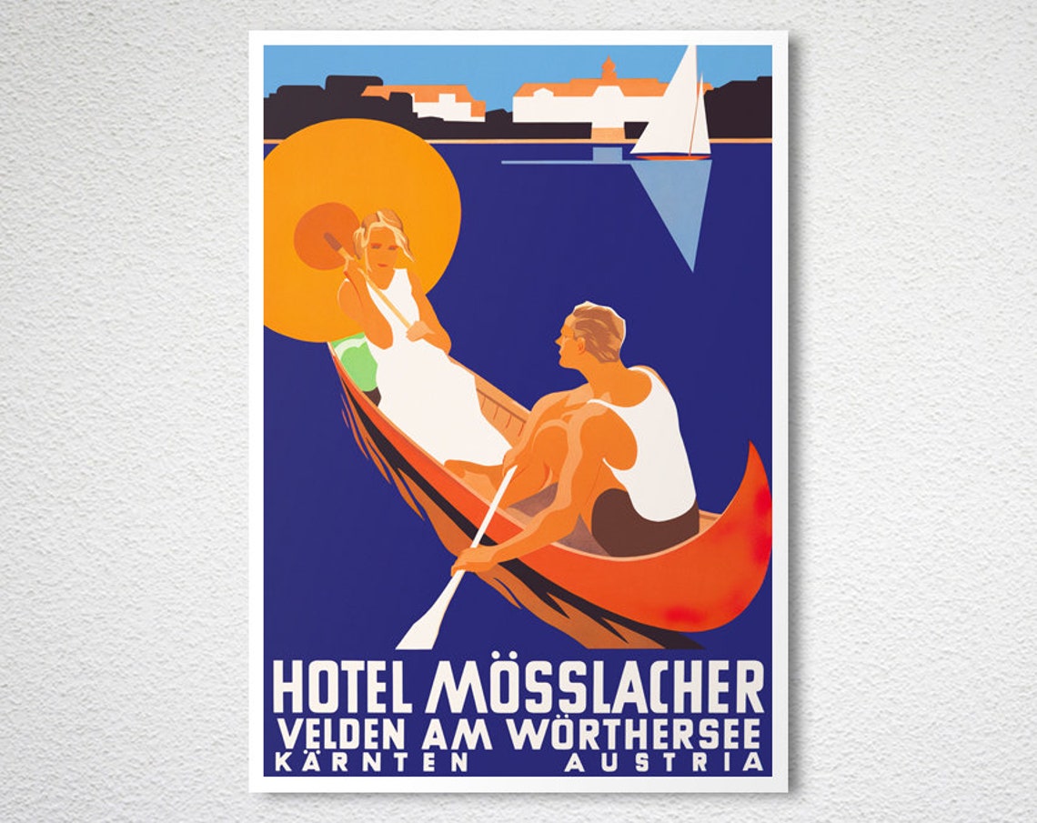 Hotel Mosslacher Velden Worthersee Austria Vintage Canoe Lake Poster - Image 2
