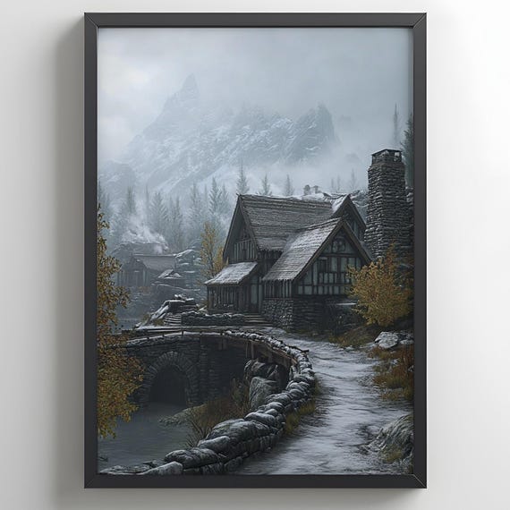 Nordic Wall Art Poster Snowy Village Winter Landscape Print Cabin In The Snow Mountain Decor Rustic Gift