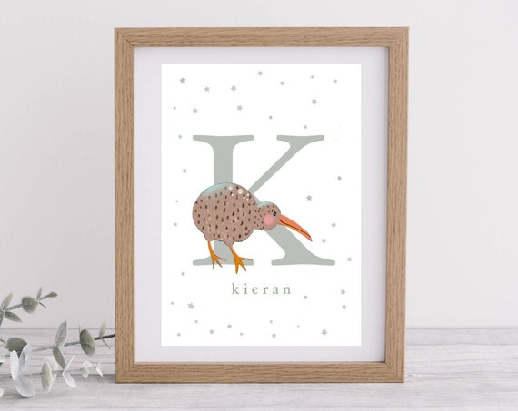 Personalised Kiwi K Letter Illustration Art For Nurserykids Room