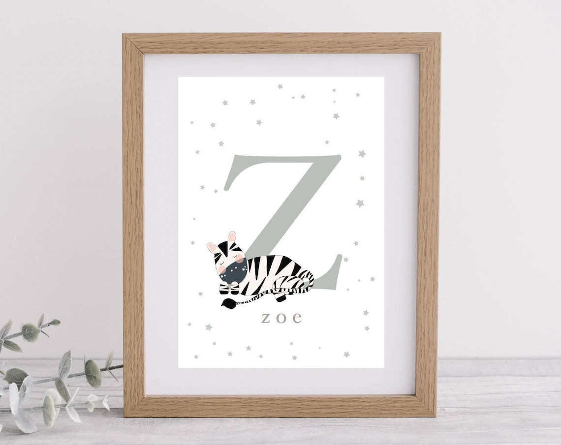 Personalised Letter Z Zebra Poster with Name Zoe for Nursery Room