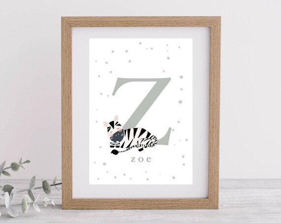 Personalised Letter Z Zebra Poster with Name Zoe for Nursery Room