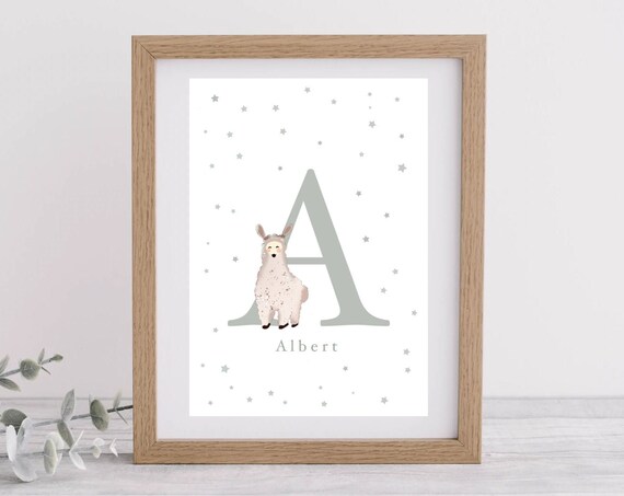 Personalised Letter A Alpaca Poster with Name Albert for Nursery
