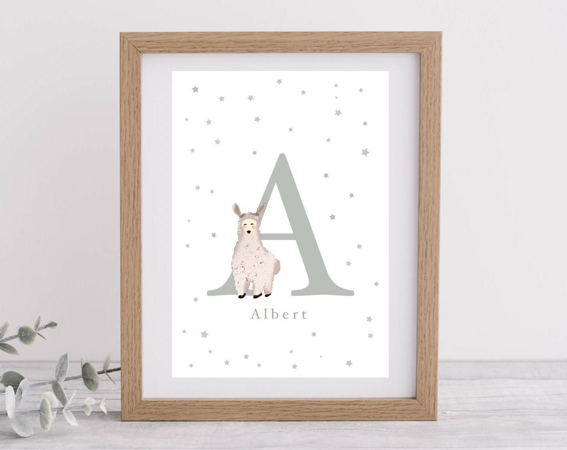 Personalised Letter A Alpaca Poster with Name Albert for Nursery