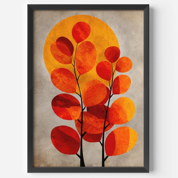 Living Room Decor Autumn Abstract Plant Poster Red Orange Modern Colorful Tree Illustration Autumnal Art Prints Office Kitchen