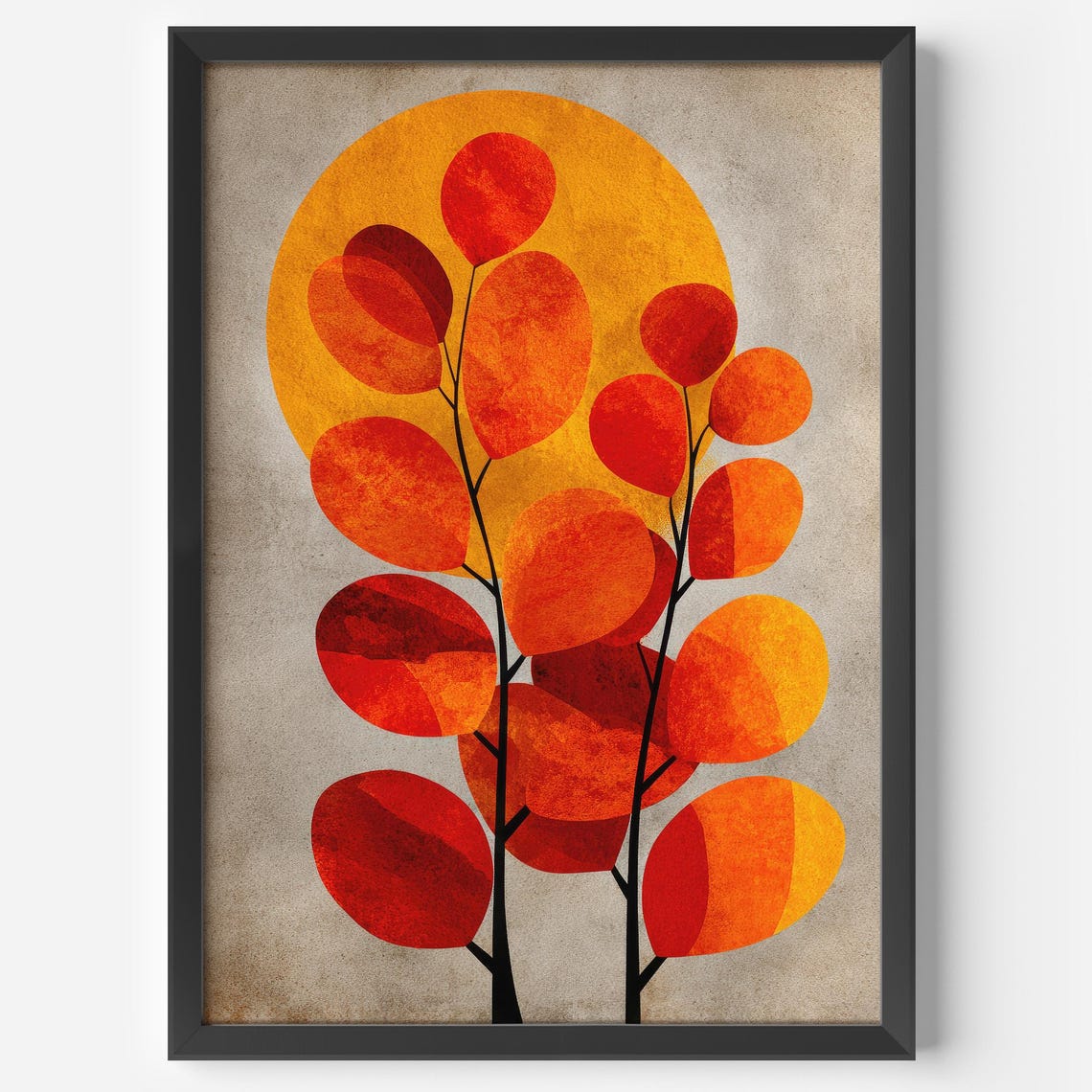 Autumn Orange Red Leaves Against Golden Sun Circle Abstract Poster
