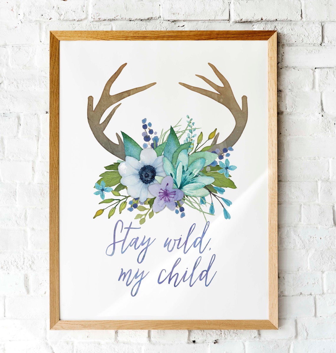 Stay Wild My Child Watercolor Antlers Flowers Whitetail Deer