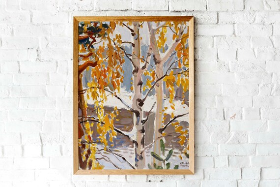 Autumn Birch Trees Golden Leaves Impressionist Oil Painting Poster