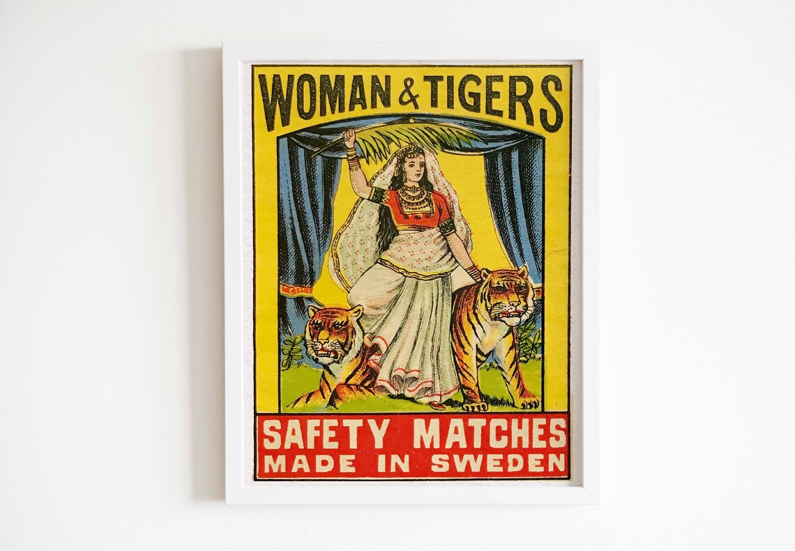 Vintage Indian Matchbox Woman and Tiger Art Print - Image 2