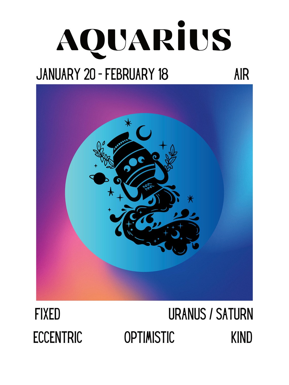 Aquarius Zodiac Sign Traits Dates Gradient Circle Art Poster - Image 2