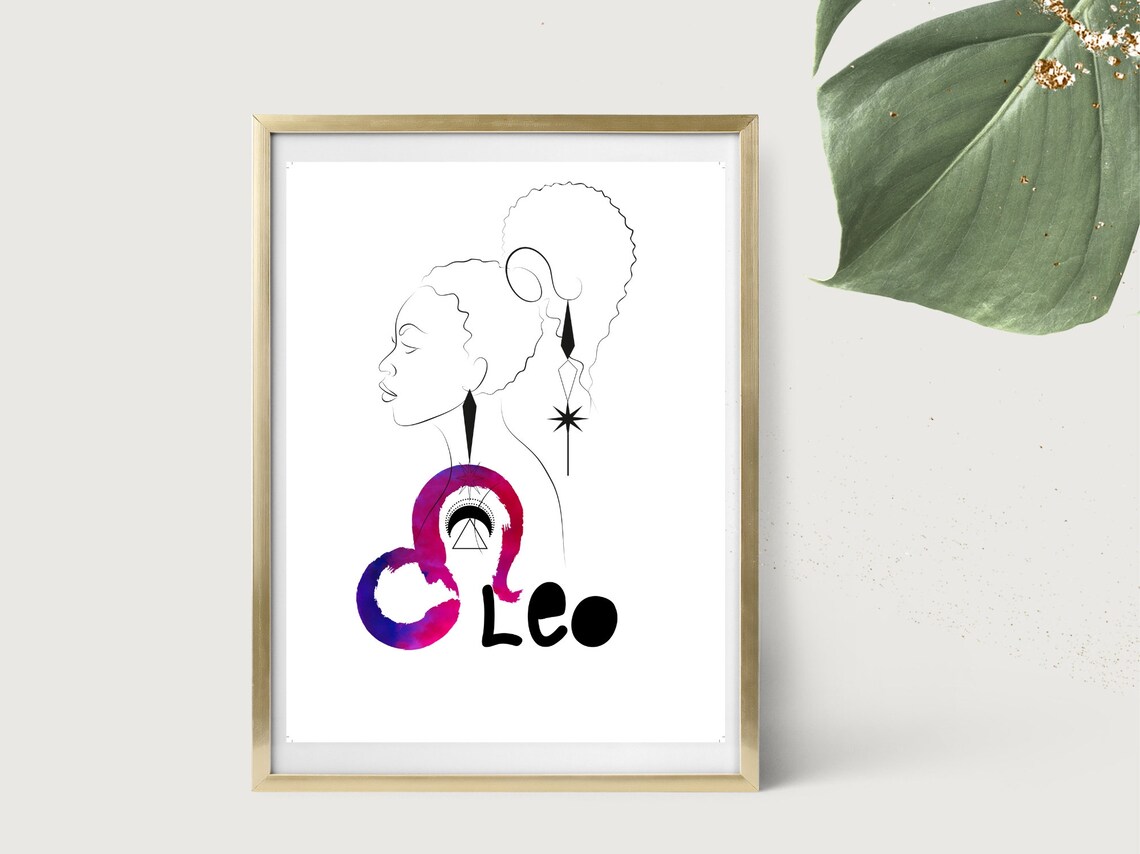 Leo Zodiac Line Art Woman Watercolor Lion Glyph Star Sign Poster - Image 4