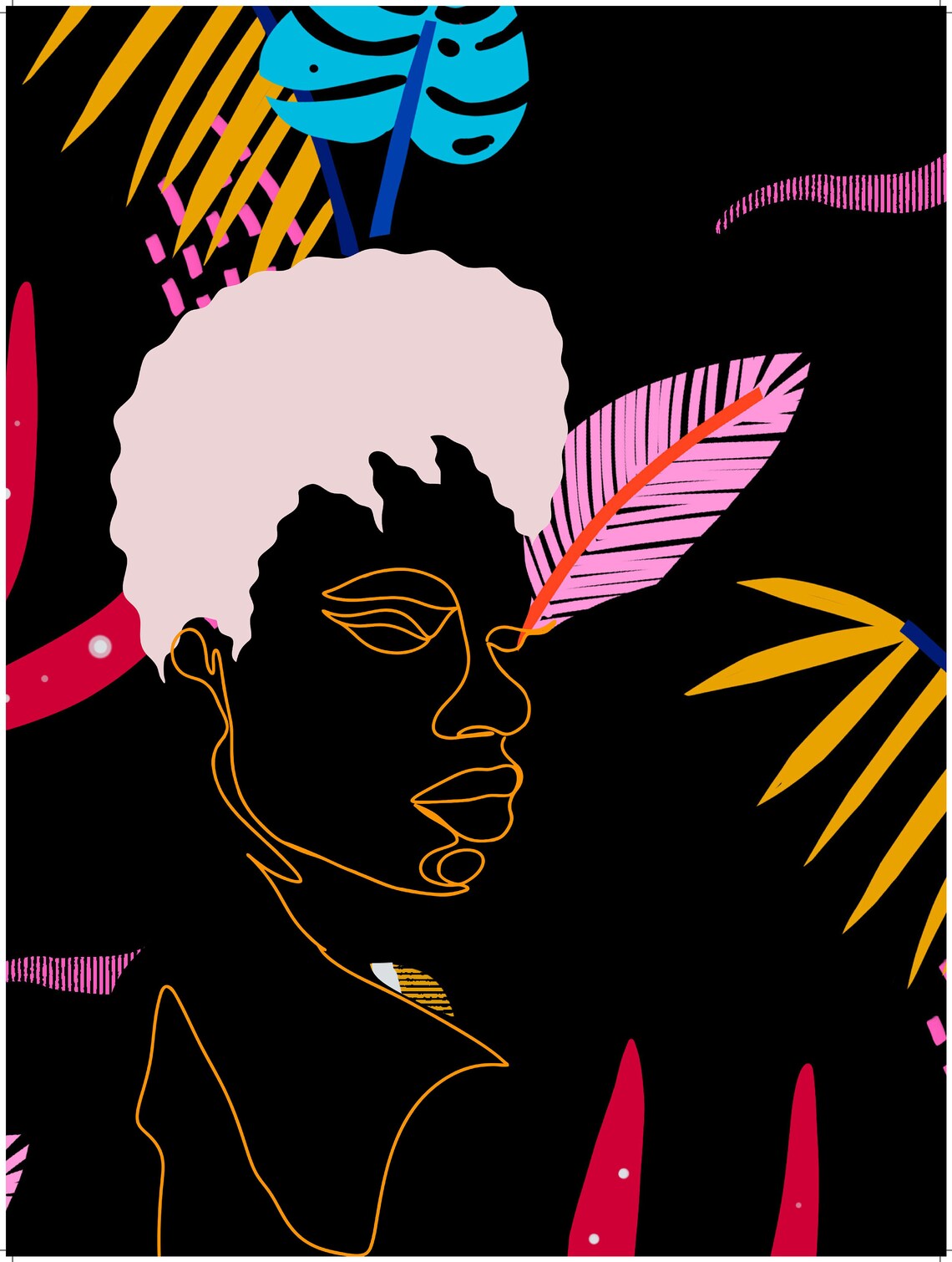 Gold Line Art Woman Black Tropical Leaves Moody Jungle Art Poster - Image 2