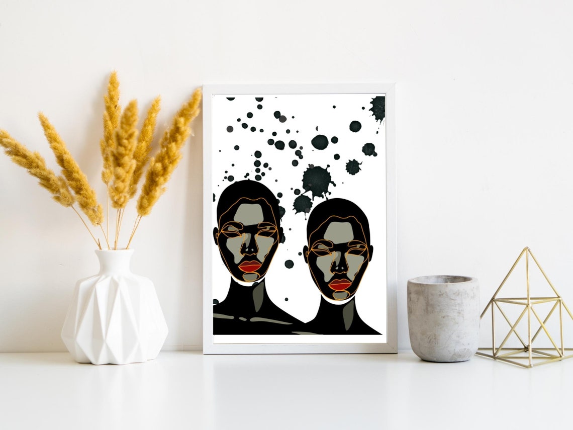 Two Faces Line Art Black Ink Splatter Minimalist Duo Art Poster - Image 4