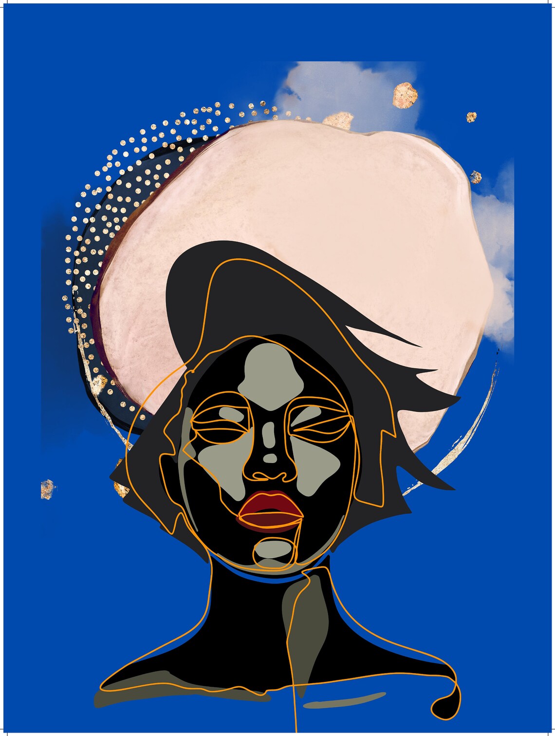 Golden Halo Woman On Cobalt Blue Abstract Portrait Wall Poster - Image 4