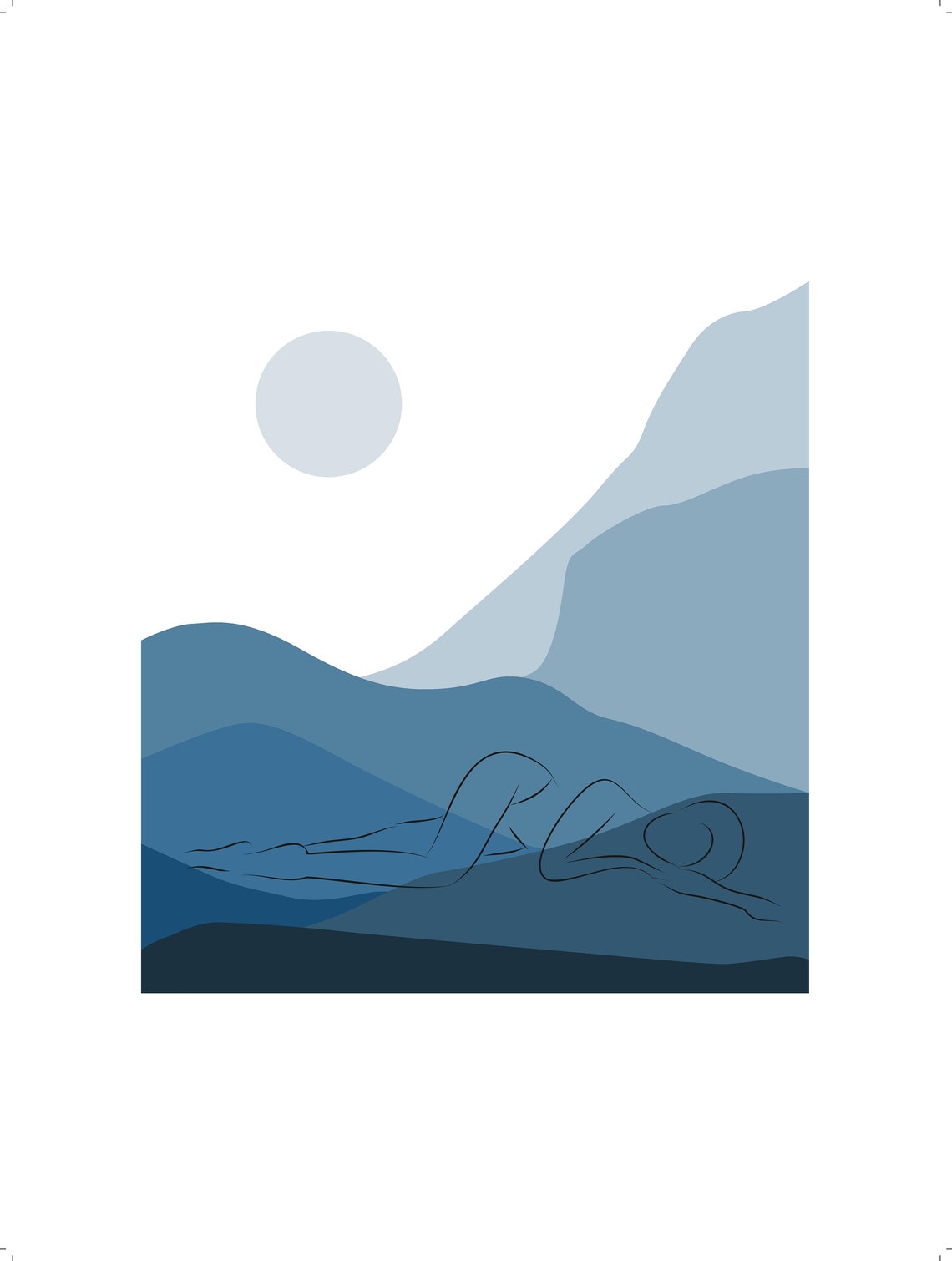 Reclining Woman Line Art Blue Mountains Moon Minimalist Boho Poster - Image 2