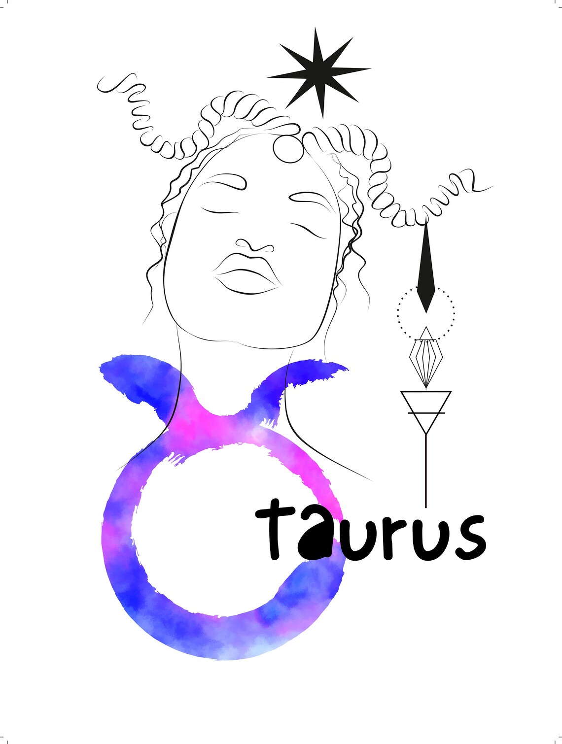 Taurus Zodiac Line Art Woman Watercolor Bull Glyph Star Sign Poster - Image 2