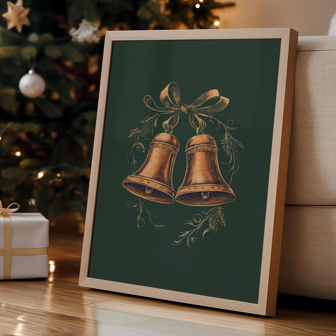 Gold Christmas Bells Bow Vintage Engraving Dark Green Art Poster - Image 3