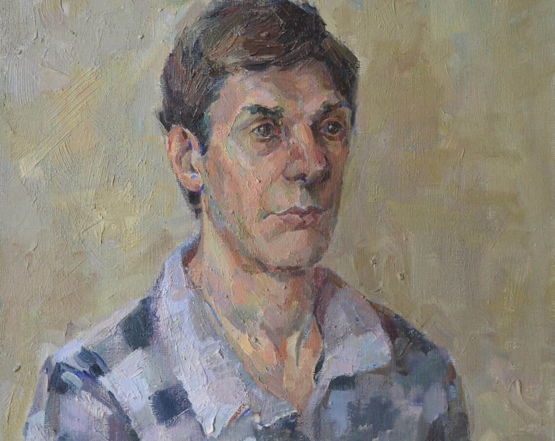 Young Man In Plaid Shirt Modern Impressionist Portrait Wall Art