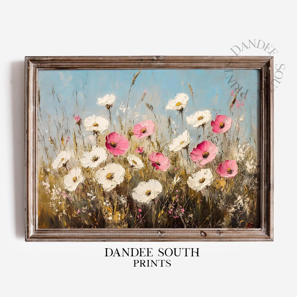 Pink and White Wildflower Meadow Painting Cottage Garden Floral Wall Art