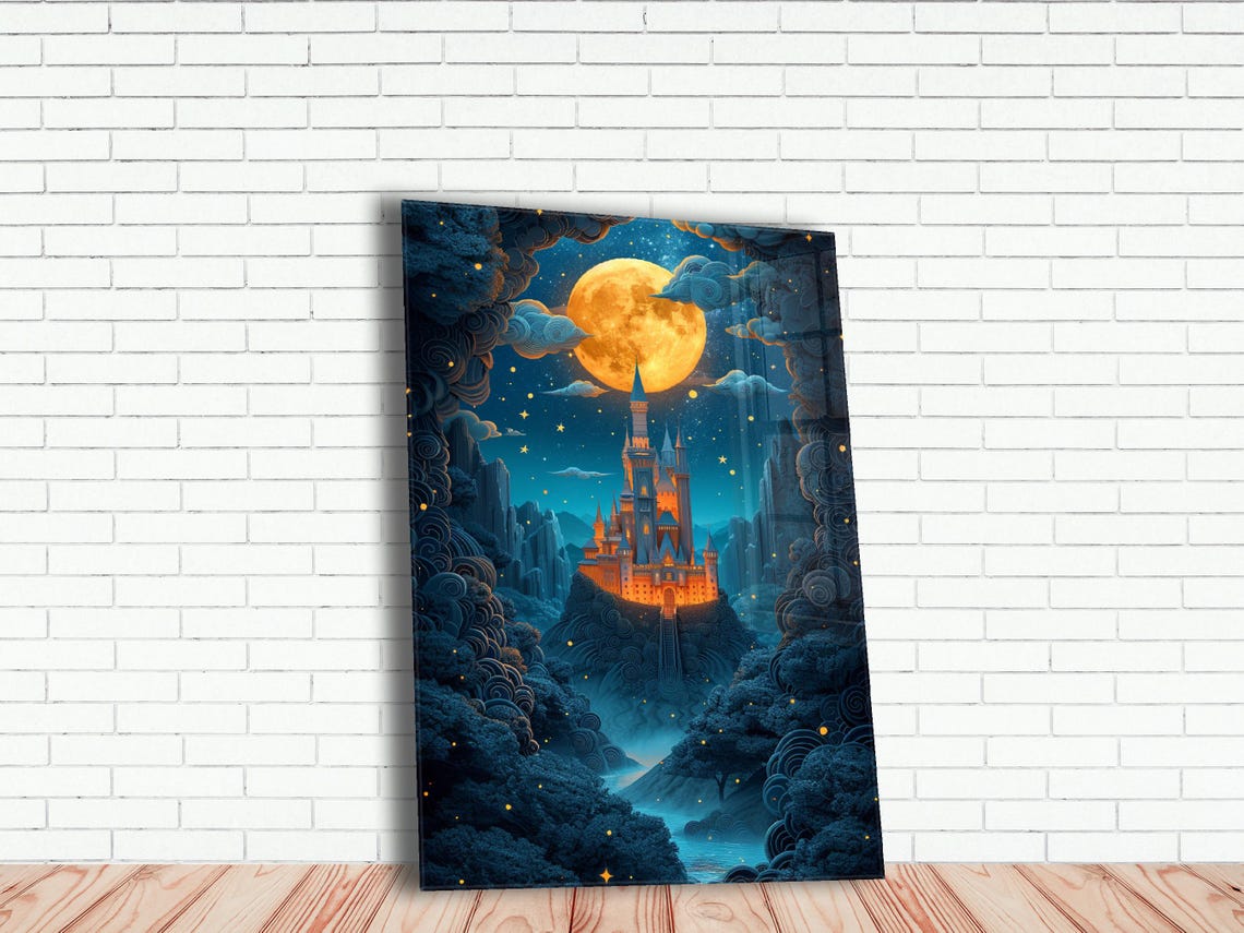 Fantasy Castle Full Moon Poster Teal Night Starry Illustration Art