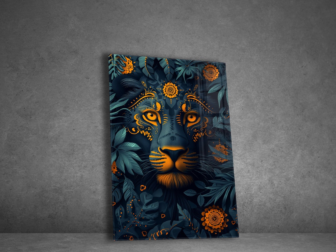 Lion Face Gold Tribal Patterns Dark Jungle Orange Mandala Poster