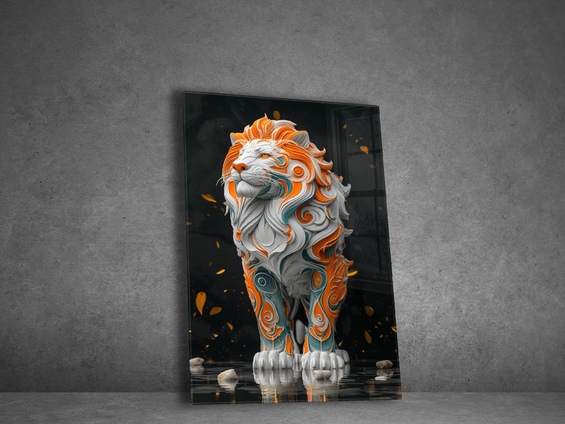 White Lion Poster Orange Teal Swirls Majestic Wild Animal Art