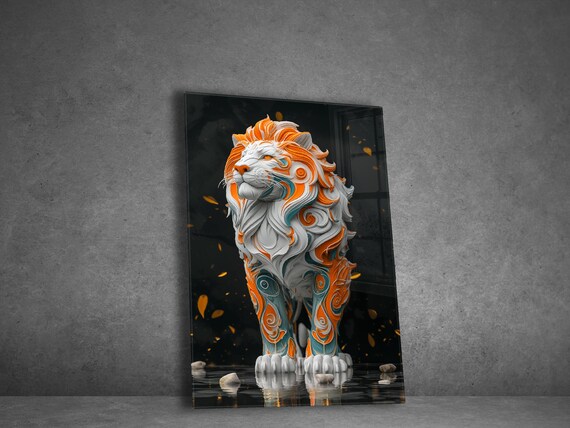 White Lion Poster Orange Teal Swirls Majestic Wild Animal Art