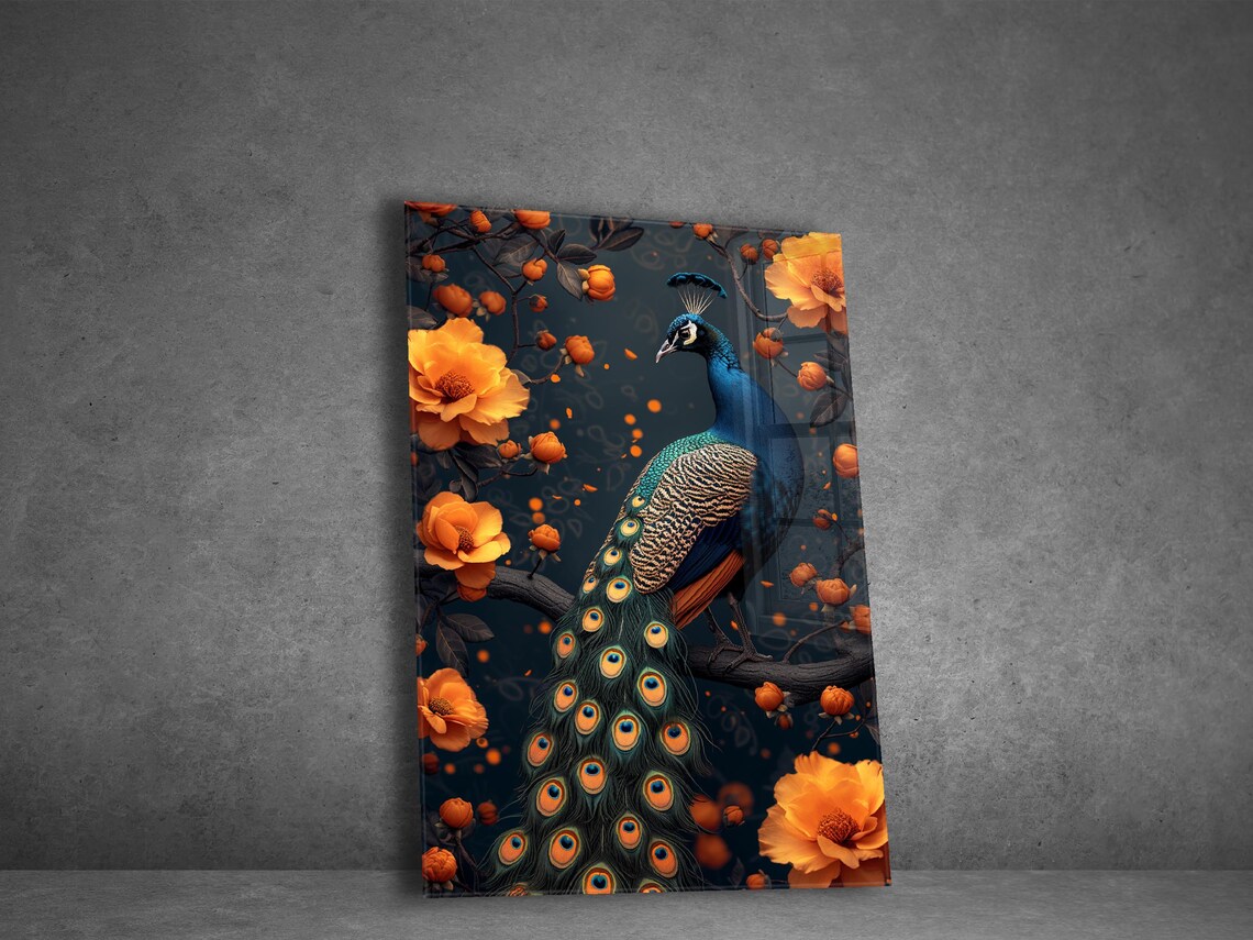 Peacock Orange Blossoms Poster Teal Dark Botanical Floral Art